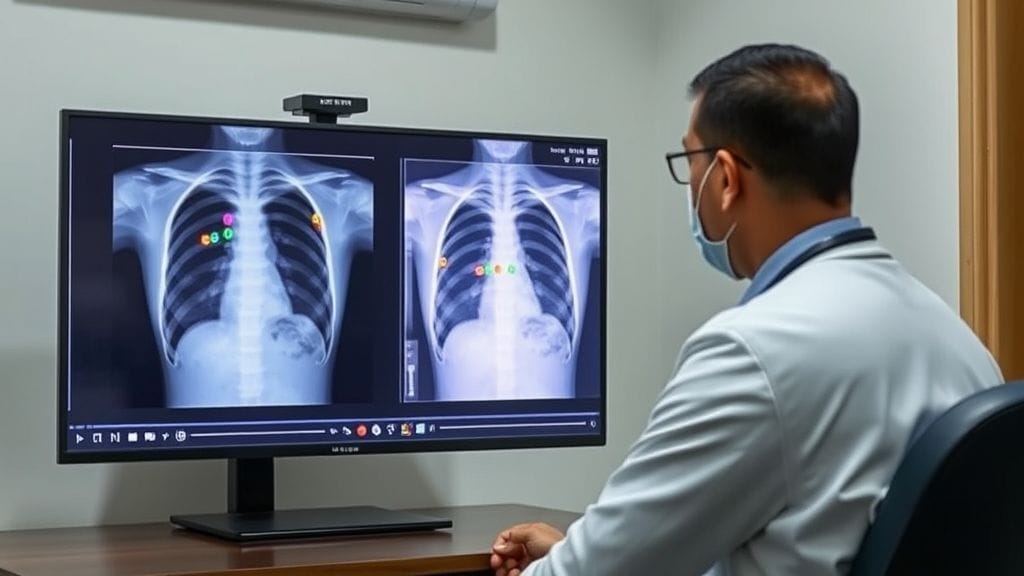 طبيب يستخدم تقنية الذكاء الاصطناعي لتحليل صورة أشعة سينية خلال استشارة طب عن بُعد في باكستان.