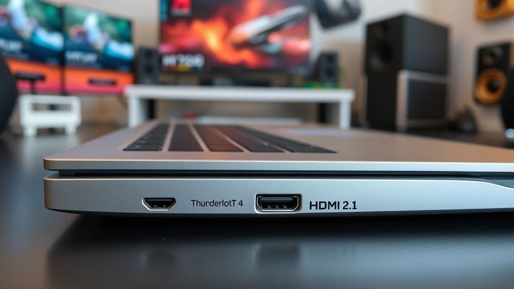 لاب توب ASUS ROG Zephyrus G16 من الجانب يظهر تصميمه النحيف ومنافذ الاتصال الحديثة.
