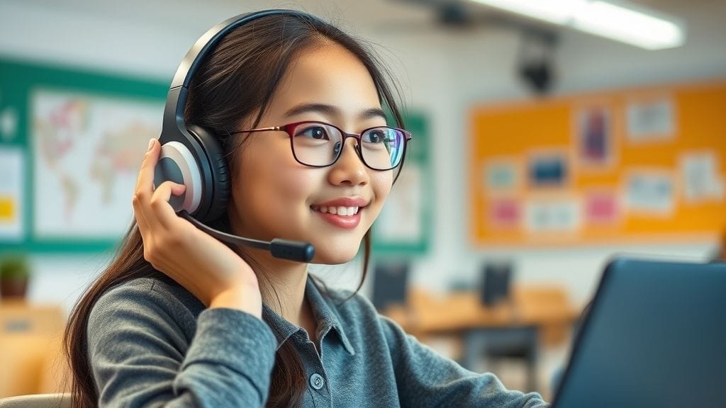 طالبة تتفاعل مع روبوت ذكاء اصطناعي لتعليم اللغة الإنجليزية في فصل دراسي حديث.