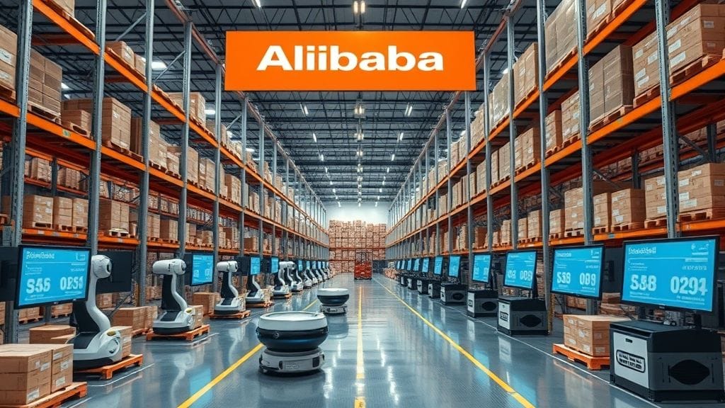 مستودع علي بابا الذكي مع روبوتات وشاشات لتحليل الطلب المستقبلي.