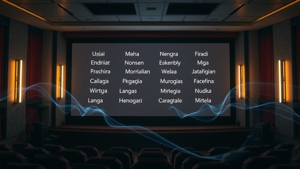 شاشة سينما تعرض فيلمًا وثائقيًا مدبلجًا بتقنية VoiceClone Pro، مع موجات صوتية رقمية تتدفق.