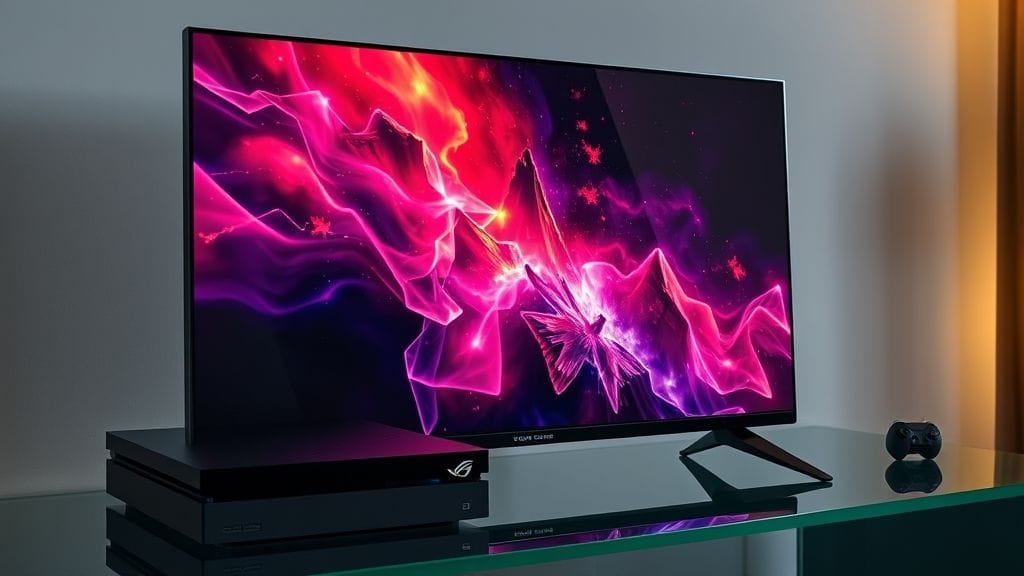 شاشة ASUS ROG Zephyrus G16 OLED تعرض محتوى HDR بألوان حيوية على سطح زجاجي.