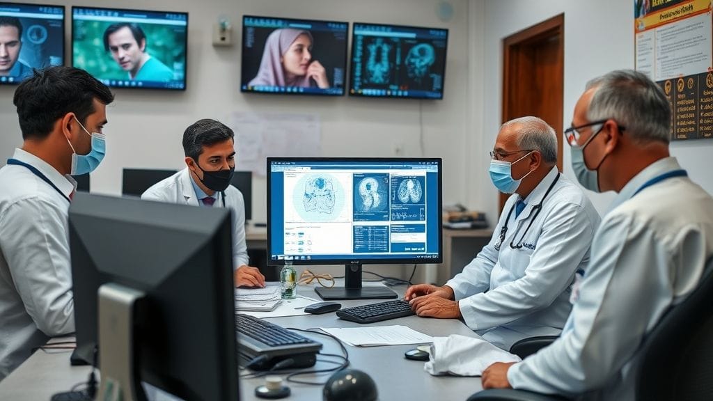 فريق طبي في مركز طب عن بُعد في باكستان يستعرض تقريرًا تشخيصيًا مدعومًا بالذكاء الاصطناعي.