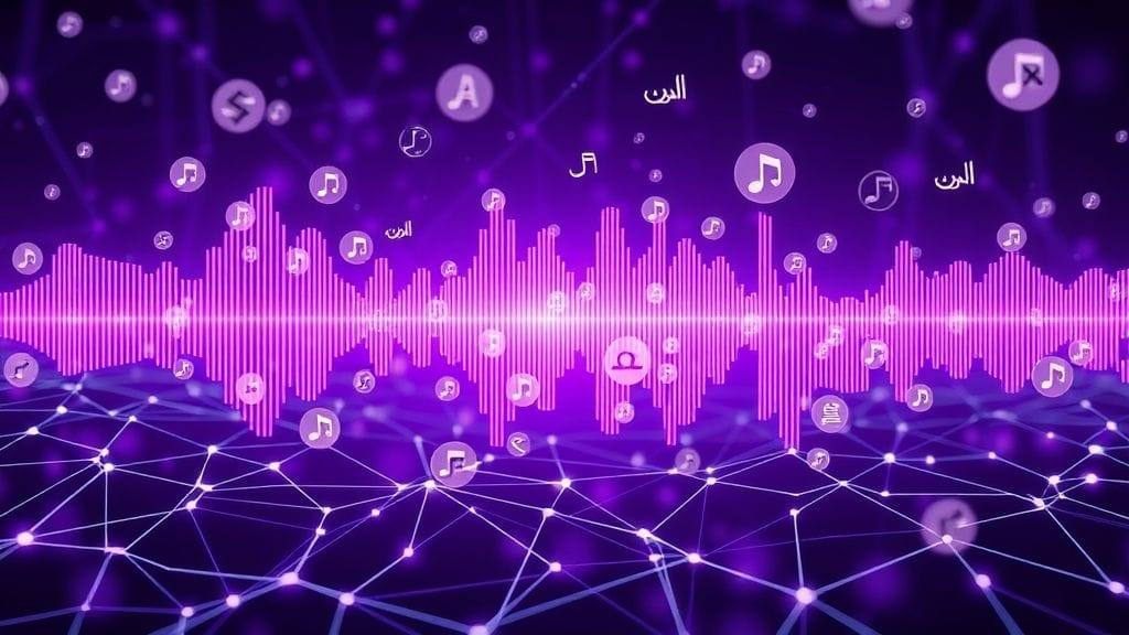 شبكة عصبية رقمية تُولد أصواتًا بتقنية الذكاء الاصطناعي، مع رموز لغات متعددة في خلفية مستقبلية.