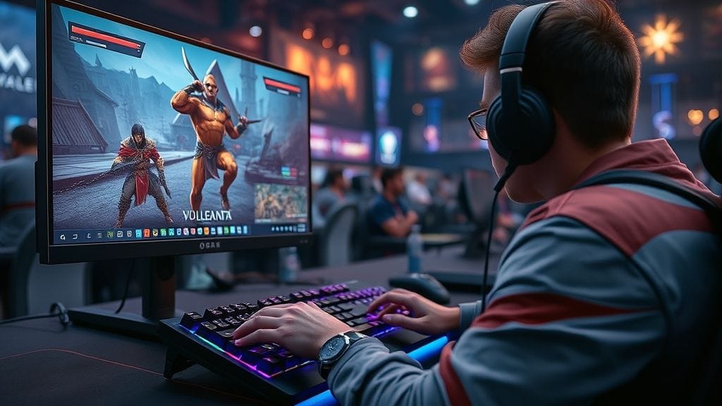 لاعب يستخدم لاب توب ASUS ROG Zephyrus G16 في بطولة ألعاب مع شاشة تعرض لعبة Valorant.