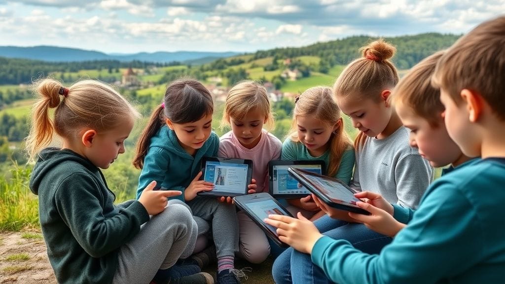 طلاب في مدرسة ريفية يتعلمون باستخدام منصة EduMind في بيئة تعليمية ذكية.