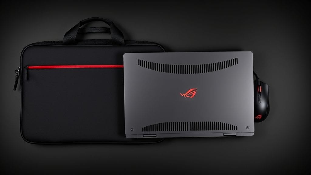 لاب توب ASUS ROG Zephyrus G16 مع حقيبة وماوس ROG على خلفية سوداء تبرز تصميمه ونظام التبريد.