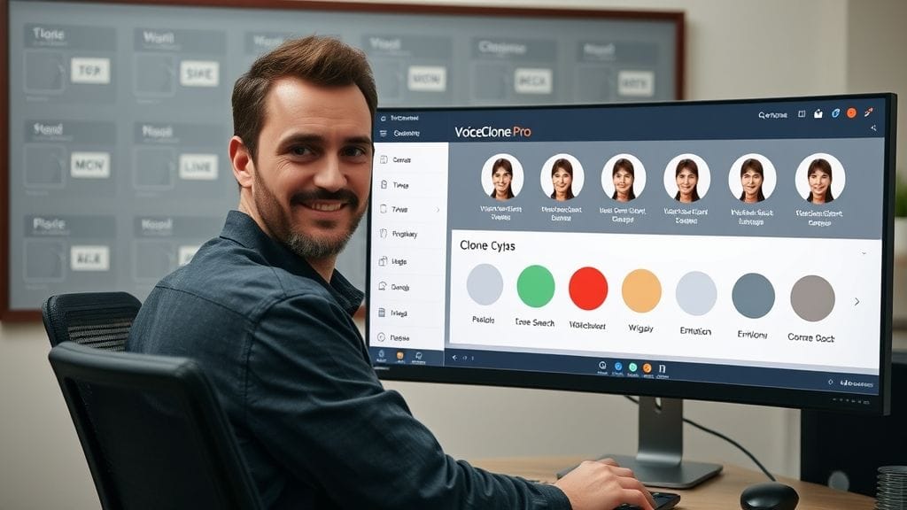 مبدع محتوى يستخدم واجهة VoiceClone Pro لتخصيص الصوت، مع خلفية تعرض كلمات بلغات متعددة.